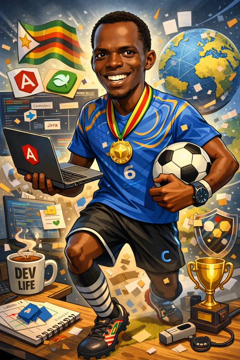 Illustrated portrait of Milton Gore holding a laptop with the Angular logo