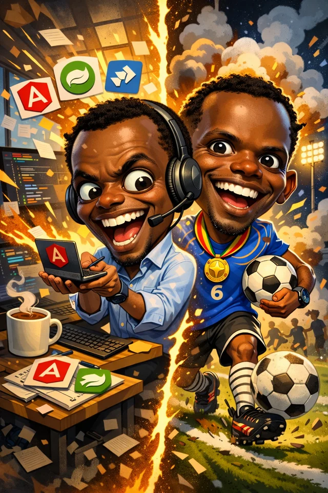 Comic-style illustration of Milton Gore balancing software development and football